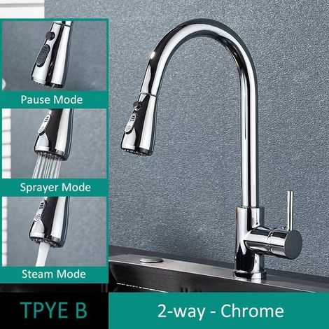 Cross-border 304 stainless steel pull-out kitchen faucet, brushed gold hot and cold water faucet, lead-free sink faucet - electroplated [one-button stop-flow pull-out head]