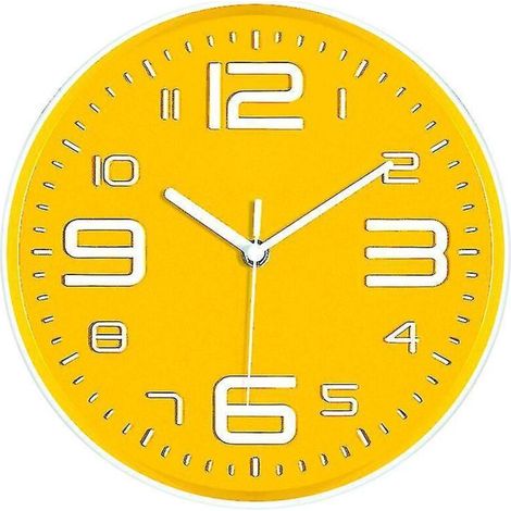 Horloge murale jaune moutarde silencieuse et moderne à pendule, grands chiffres 3D, idéale pour chambre d'enfant, cuisine, salle de bain ou salon (30 cm). (1/4)