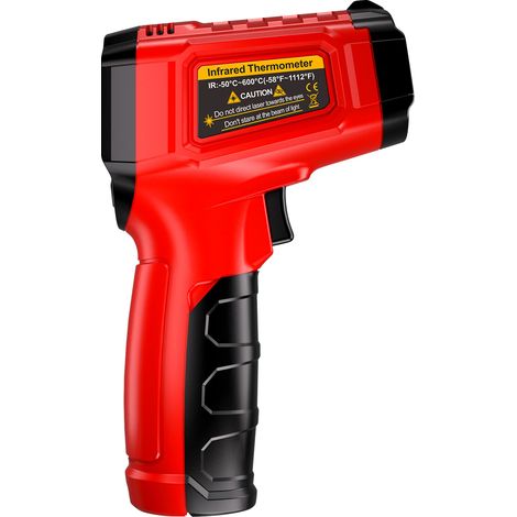 Thermomètre infrarouge sans contact, -50 °C à 600 °C (-58 °F à 1112 °F), émissivité réglable, rapport signal/bruit 12:1, écran LCD rétroéclairé, alarmes haute/basse température, maintien des données, (1/5)