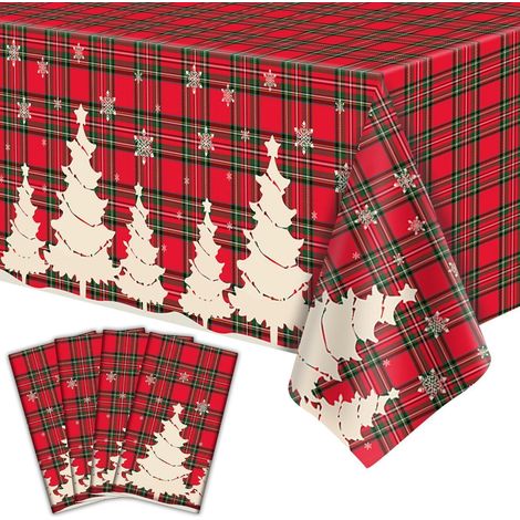 4er Set Weihnachtliche Tischdecken 130x220cm kariert mit Weihnachtsbäumen und Schneeflocken
