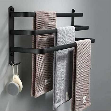 Handtuchhalter für Badezimmer, schwarze, selbstklebende Wandhandtuchstange für Dusche und Küche, wasserfeste Türstange mit Haken (Schwarz, 60 cm) (1/5)