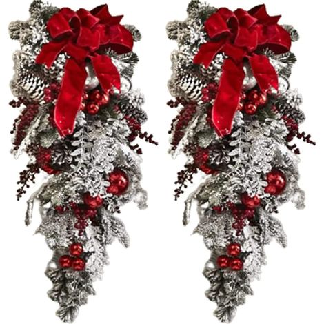 Décoration de Noël sans fil, pré-illuminée, rouge et blanche, avec boules de pin, pour porte d'entrée, fenêtre ou mur (B) (1/4)