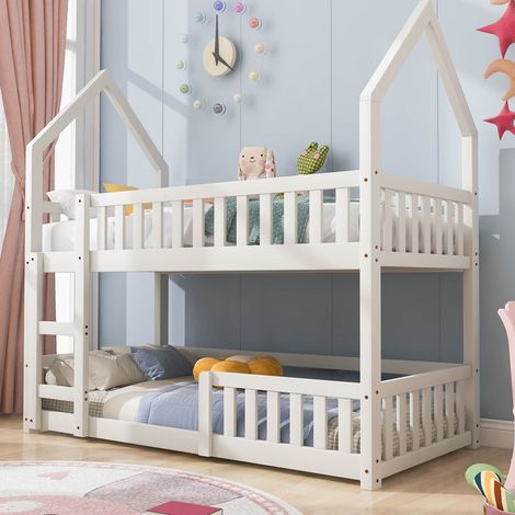 Bunk Bed House Bed Kid Bed 3FT Single bed Wooden Bed Frame for Kids with Ladder and Guard Rail 90x190 cm White
