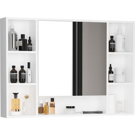 Meuble de salle de bain avec étagères ouvertes et armoire à porte miroir, meuble de salle de bain avec miroir peu encombrant, 100 x 15 x 70 cm, blanc (1/5)