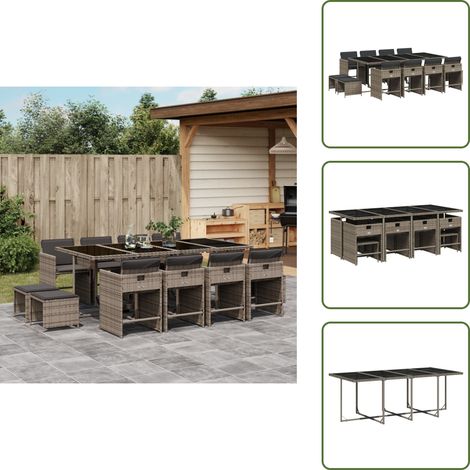 Mesa de jardín - vidaXL Set comedor de jardín con cojines 13 pzas ratán sintético gris - Ratán sintético