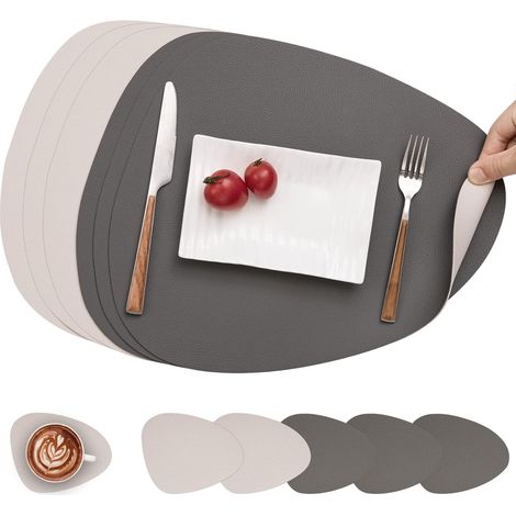 Set di tovagliette e sottobicchieri, tovagliette antiscivolo double-face, tovagliette in plastica lavabili e impermeabili (grigio e bianco, set da 6 pezzi) (1/5)