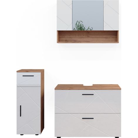 Set di mobili da bagno Irma, Bianco lucido/oro power oak, 3 parti, con cassettiera e mobile midi, Vicco