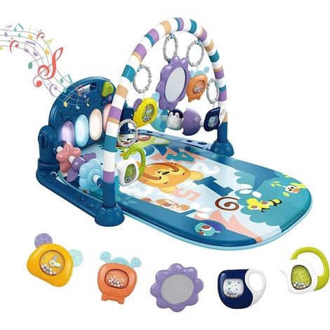 Tappetino attività per neonati, tappetino gioco multifunzionale, interattivo, con 5 giocattoli sensoriali, musica e luci, blu, 0 mesi + (1/5)