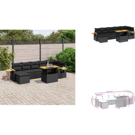 Salon de jardin 8 pcs avec coussins noir résine tressée - Ensemble Salon De Jardin - Meuble Extérieur - Résine Tressée - Rotin Synthétique - Table Extensible (1/3)