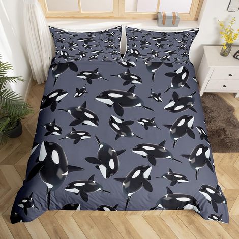 Parure de lit avec housse de couette 155 x 220 cm, motif océan et orque, motif baleine mignonne, pour enfants garçons et filles, motif paysage marin noir, blanc, gris (1/5)