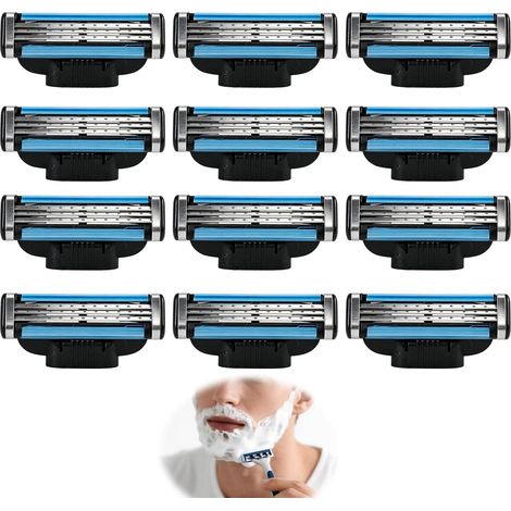Lot de 12 lames de rasoir en acier inoxydable pour homme, structure à trois couches, avec deux bandes lubrifiantes, universel, conception ergonomique, installation facile, noir (1/5)