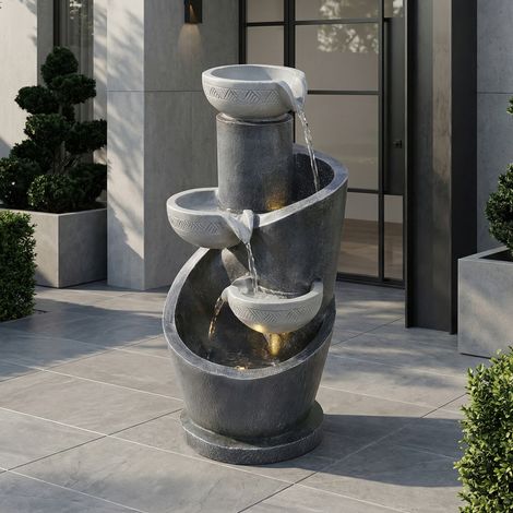 REDOM Fontaine de jardin,éclairage LED, pompe à eau incluse, effet pierre naturelle, résine gris (1/5)