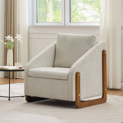 057 Poltrona, poltrona d'accento per soggiorno, poltrona lounge, poltrona moderna con braccioli in legno, con cuscino per lo schienale, tessuto ciniglia beige, 73,573,573,5 cm, set da 1