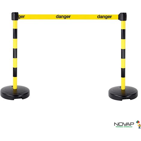 Kit 2 Poteaux PVC Jaune/Noir sur socle 9kg à lester avec tête à sangle Jaune Danger 3m x 50mm et tête réceptrice - 2800310