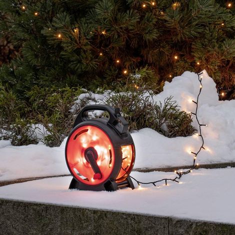Guirlande lumineuse à micro-LED avec enrouleur de câble, noir-rouge, 400 diodes ambrées, Transformateur extérieur 30V, Câble souple noir