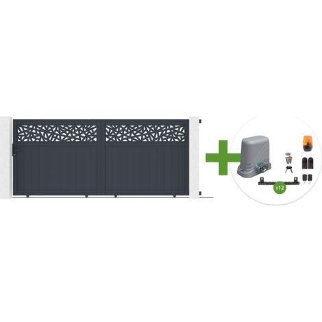 Puerta corredera DOLOMITE RUIVO de 3,7 m de ancho y 160 cm de alto, de aluminio gris + motor para puerta corredera TANKER C600