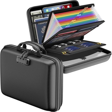 Feuerfester Aktenorganizer mit Schloss, stabile Dokumentenbox, 13 Fächer, tragbarer, wasserdichter Dokumentenorganizer, Ablagemappe für A4-Dokumente, Rechnungen, Quittungen (1/5)