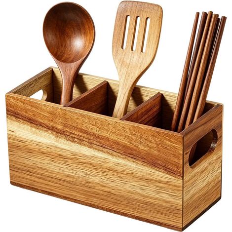 Soporte de madera extragrande para utensilios de cocina con 3 compartimentos para (1/5)