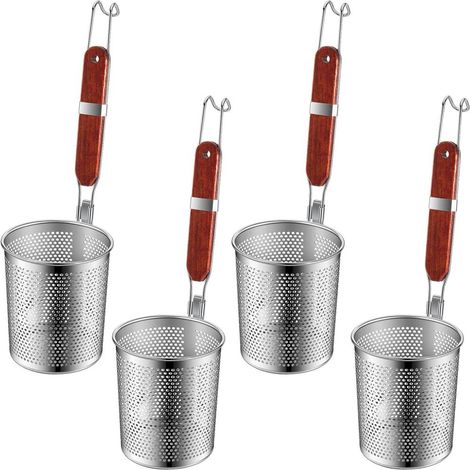Panier vapeur en acier inoxydable avec poignée en bois et passoire en maille de cuisine, adapté pour égoutter les pâtes, les nouilles, les raviolis, etc., 4,7 pouces. (1/5)