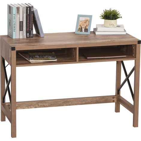 Bureau Design Industriel Grand Plateau 2 niches métal Noir Panneaux Particules Imitation Bois veinage Marron (1/5)