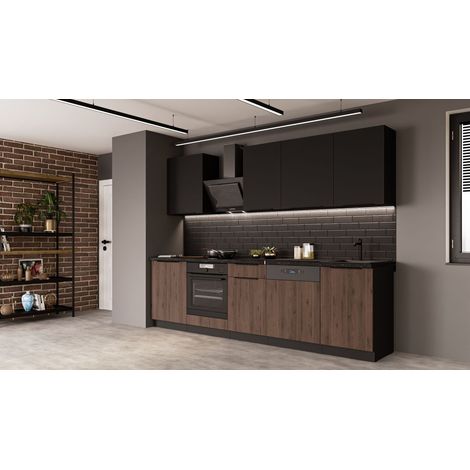 Küche MONZA + SIENA BASIC 280 cm Küchenzeile Küchenblock Einbauküche Nussbaum Okapi matt + Schwarz matt (1/5)