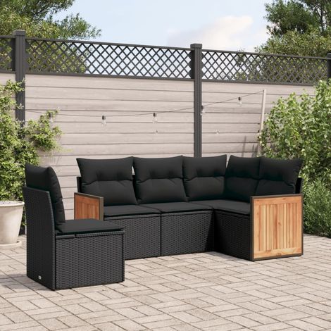 5-tlg. Garten-Sofagarnitur mit Kissen Schwarz Poly Rattan (1/5)
