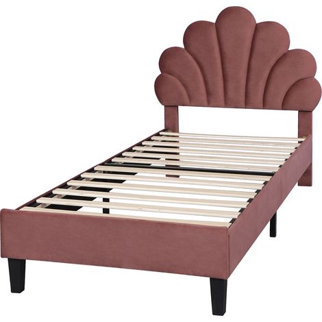 Cama infantil tapizada 90 x 200 cm de terciopelo, cabecero flor, somier de láminas, rojo burdeos (1/5)