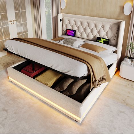 Lit coffre en coton beige 160x200 cm avec LED 3 côtés, tête de lit capitonnée, USB et USB-C, sommier à lattes inclus (1/5)