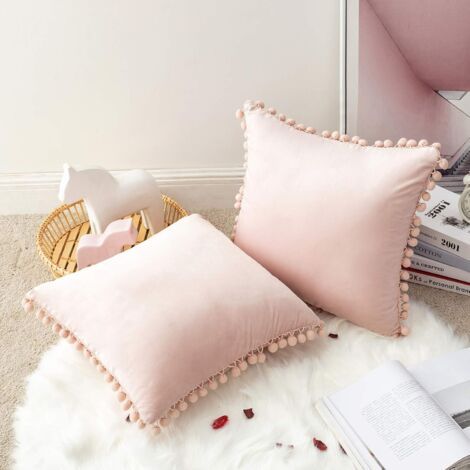 Lot de 2 Housses de Coussins en Velours avec Pompom Décoratives Doux Lisse Moderne Taie d'oreiller Décoration pour Salon Chambre Canapé 50x50CM Rose (1/5)