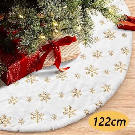 Jupe de Sapin de Noël 120 cm, Décoration de Noël Blanc en Peluche avec Paillettes Or et Flocons de Neige, Accessoire pour Arbre de Noël et Décorations de Fête de Vacances (1/5)
