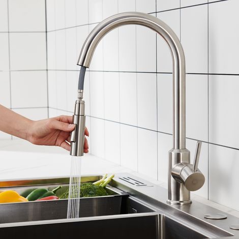 Cecipa Mitigeur de Cuisine Extractible en U Acier Inoxydable Brossé Robinet de Cuisine avec Douchette Extractible Mitigeur d'Évier 2 Modes de Sortie D'eau (1/4)