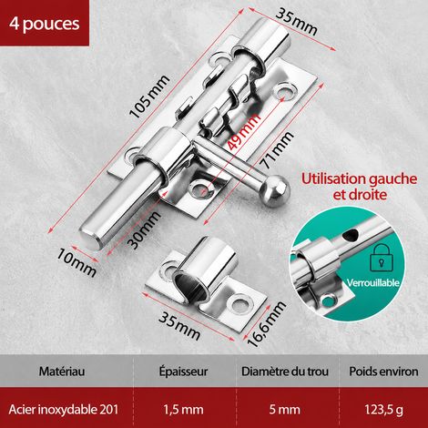 Verrou de porte 4 pouces en acier inoxydable 201 avec trou pour cadenas tige 10 mm 201 4 10 125 g – Livraison gratuite
