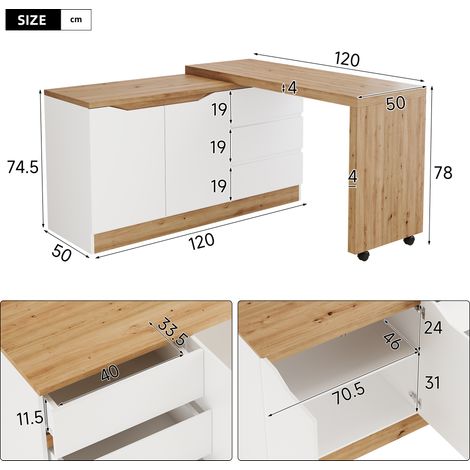 Bureau avec roulettes freinables – design multifonction, plateau rotatif épais de 4 cm, verrouillable, blanc/chêne, table pliable, coin bureau, buffet, matériau résistant (1/5)