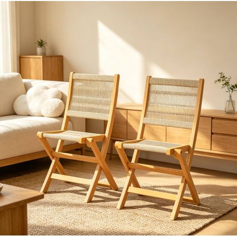 Juego de 2 sillas de jardín plegables, asiento y respaldo trenzados, sin montaje, madera de acacia y PP beige y natural (1/5)