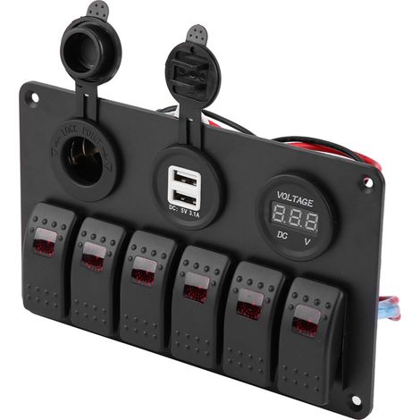 6-fach Schalterfeld mit roten LEDs, 12V/24V, für Boote, Autos und den Einsatz auf See, mit dualem USB-Voltmeter und Zigarettenanzünderadapter. (1/5)