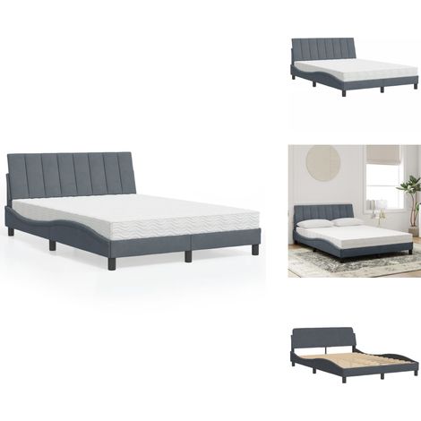 Lit avec matelas gris foncé 140x200 cm velours - Lit Double - Lit Capitonné - Lit Design - Lit Velours - Literie (1/5)