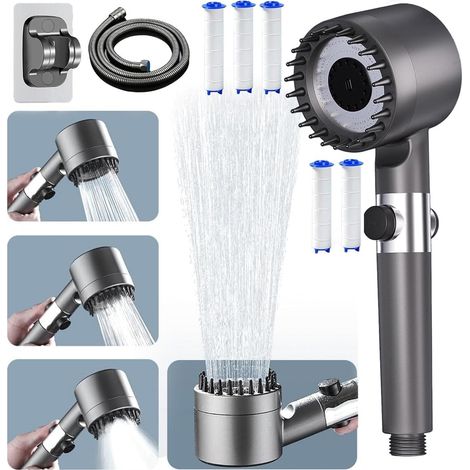 Pommeau de douche haute pression, pommeau de douche à économie d'eau avec flexible de douche de 1,5 m et support, 4 modes réglables pour la salle de bain, pommeau de douche anticalcaire bouton d'arrêt (1/5)