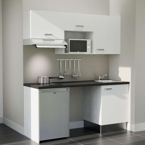 Kitchenette K55L-PT - 180 cm - plan stratifié, évier inox, - Façade Blanc - Plan Noir texturé - Evier Inox - Crédences Non + Electroménager inclus coloris Inox (1/5)