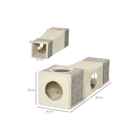 Tunnel pour chat marron et beige en sisal avec balle de jeu et format 98 x 30 x 30 cm pour maison, salon et chambre (1/5)