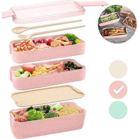 Pinkfarbene Bento-Lunchbox mit Besteck – mikrowellen-, gefrier- und spülmaschinengeeignet – Bio-3-Lagen-Behälter für die Essenszubereitung – 900 ml – 3 Farben: Beige, Grün, Pink (1/5)