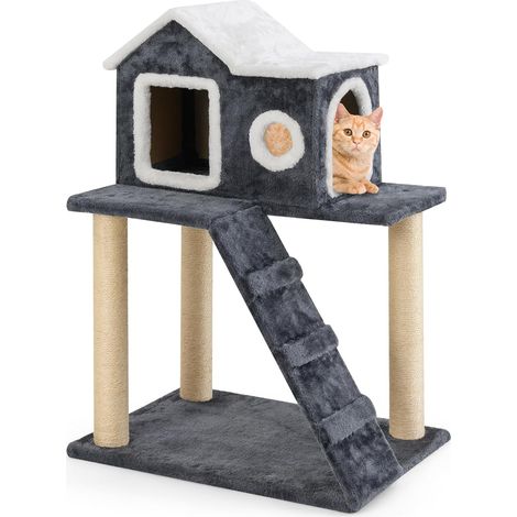 Costway – Niche pour chat avec 3 poteaux à griffer en sisal – Échelle d'escalade – Cabane avec toit ouvrable – Kit anti-basculement – 60 x 46 x 90 cm (1/5)