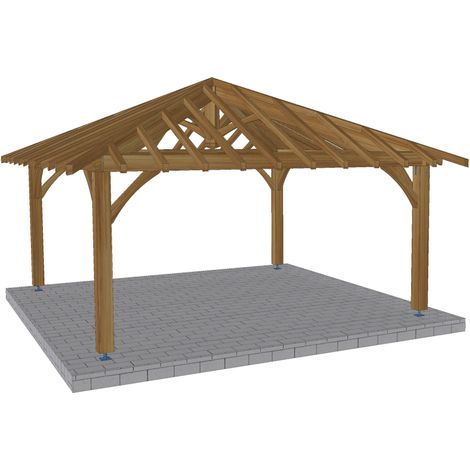 Carbet en bois massif 5x5 – Grand format 25 m² – Sections robustes 18x18 cm – Fabrication française – Installation facile en 3h – Jardinatoire (1/5)