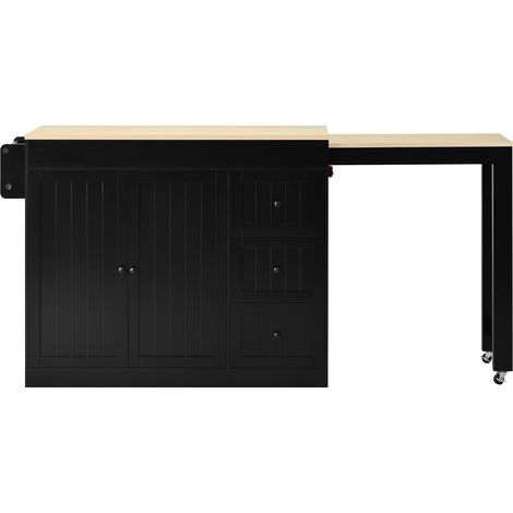 Îlot de cuisine mobile noir avec plateau extensible, tiroirs et étagère à épices (1/5)