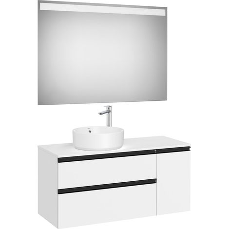 Pack meuble "The gap" 1100 pour vasque à gauche - 2 tiroirs + 1 porte + plan + miroir LED - blanc mat/poignées noires - Roca (1/2)