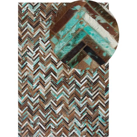Tappeto marrone beige blu patchwork in pelle - 160 x 230 cm - Amasya