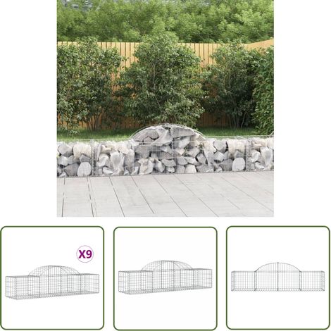The Living Store Paniers à gabions arqués 9 pcs 200x50x40/60 cm fer galvanisé - Panier Gabion - Mur Gabion - Clôture Gabion - Décoration Jardin - Barrieres Jardin (1/5)