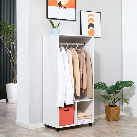 Blanc 60x40x128 cm - Penderie ouverte doté de barre de roues et étagères pour suspendre et plier des vêtements