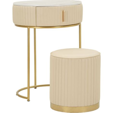 Comodino con Toletta e Puff Pok Moderno in Legno di Pino e Metallo Bianco/Oro Ø 52x70 cm - Set Beauty Multifunzione Raffinato