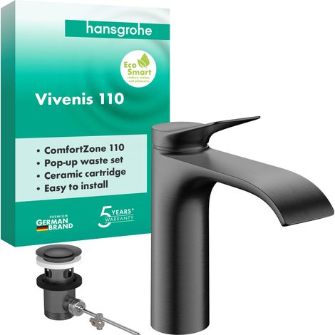 Mitigeur de lavabo avec tirette de vidage, robinet de salle de bain avec bec hauteur 110 mm, mitigeur lavabo économe en eau, chrome noir brossé (1/5)