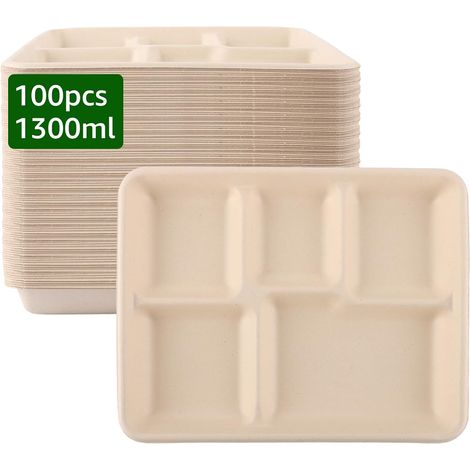 Assiette Carton 5 Compartiments - Lot 100 - Pulpe De Papier - 26x21cm - Résistante Aux Graisses - Pour Buffet Et Fête (1/5)